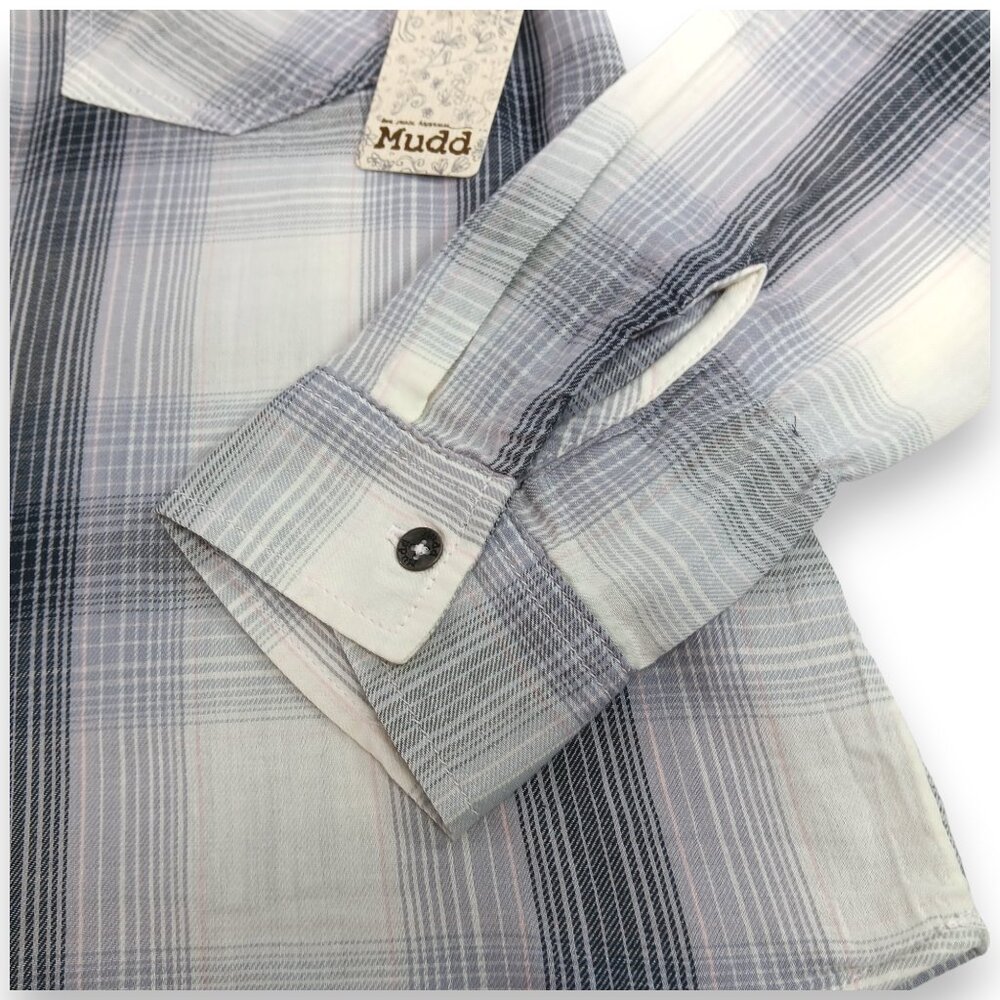 MUDD-Women's-Plaid-Gray-Black-Pink-SMALL-pullover-V Neck-Long Sleeve-Pockets - Picture 8 of 16